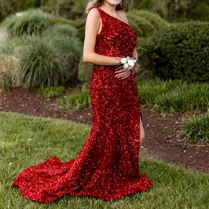 Sherri Hill One Shoulder Red Sequin Prom New Years Dress Size 8